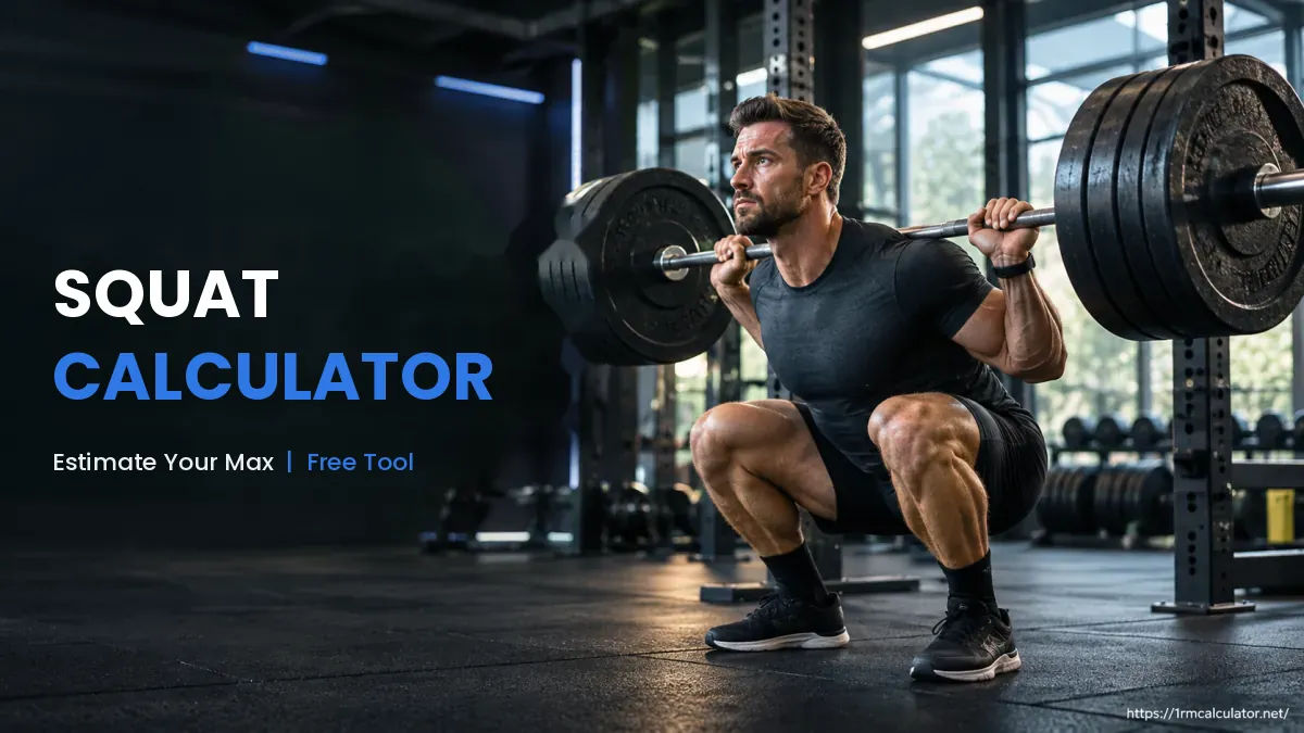 Lifter at the bottom of a barbell back squat in a power rack, with the text Squat Calculator