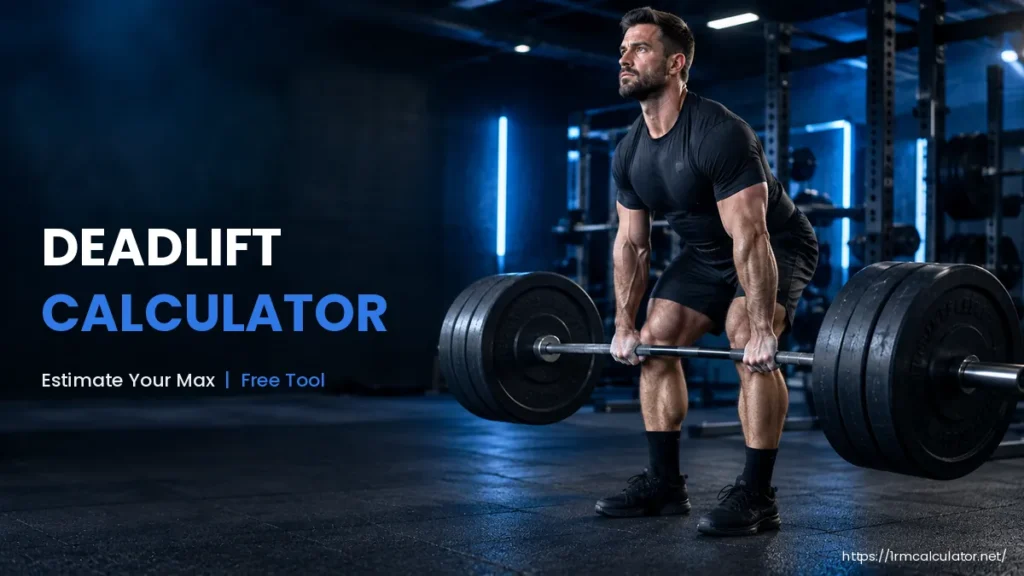 Lifter setting up for a barbell deadlift in a gym, with the text Deadlift Calculator